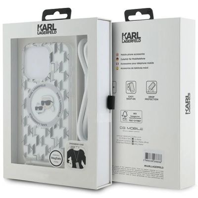 6. Karl Lagerfeld IML Crossbody Monogram Karl & Choupette Head MagSafe Hülle für iPhone 15 Pro – Transparent