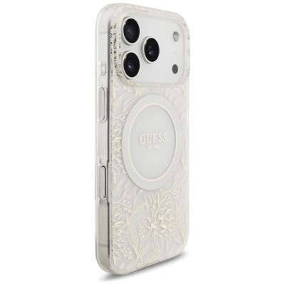 4. Guess IML Flowers Electro Pearl Strap MagSafe Hülle für iPhone 17 Pro - Weiß
