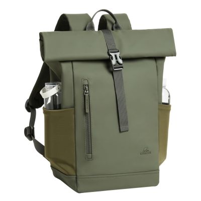 9. Rivacase Eden Rucksack Reiserucksack Olivgrünes gewachstes Leder (Pull-Up), Polyester, recyceltes Polyethylenterephthalat (rPET)
