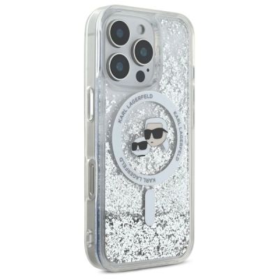 4. Karl Lagerfeld Liquid Glitter Karl & Choupette Kopf Magsafe Hülle für iPhone 16 Pro Max - Transparent