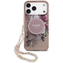 Guess IML Flowers Pearl Strap MagSafe Hülle für iPhone 18 Pro Max / 17 Pro Max – rosa