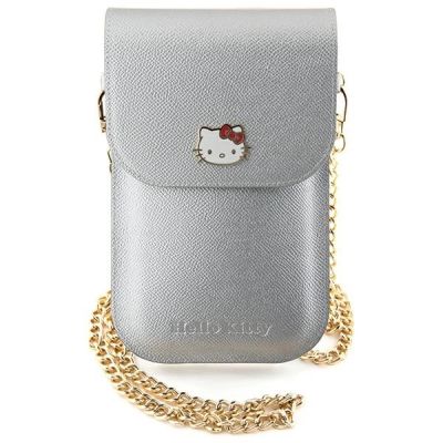 Hello Kitty Leder-Metall-Logo-Kettentasche – Silber