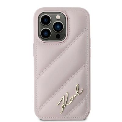 3. Karl Lagerfeld Diagonal Quilted Script Hülle für iPhone 14 Pro – Rosa