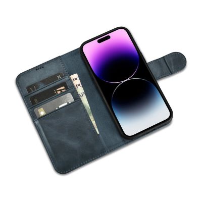 9. iCarer Oil Wax Wallet Case 2in1 Cover iPhone 14 Pro Anti-RFID Leder Flip Case Blau (WMI14220722-BU)