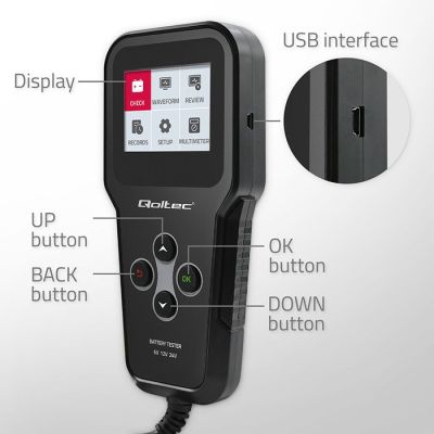5. Qoltec 3-in-1 Digitaler Batterietester mit LCD-Display und polnischer Menüführung, 6 V, 12 V, 24 V, 10 Ah–200 Ah
