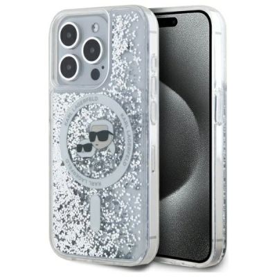 Karl Lagerfeld Liquid Glitter Karl & Choupette Head Magsafe Hülle für iPhone 15 Pro Max – transparent