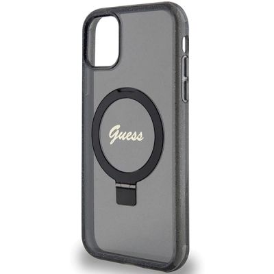 6. Guess Ring Stand Script Glitter MagSafe-Hülle für iPhone 11 / Xr – Schwarz