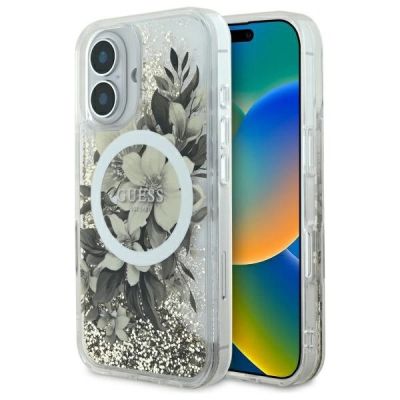 Guess Liquid Glitter Flower MagSafe-Hülle für iPhone 16 – Beige