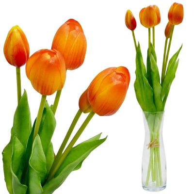 15. Strauß aus 5 orangefarbenen Tulpen, 39 cm, naturgetreue Frühlingsdekoration