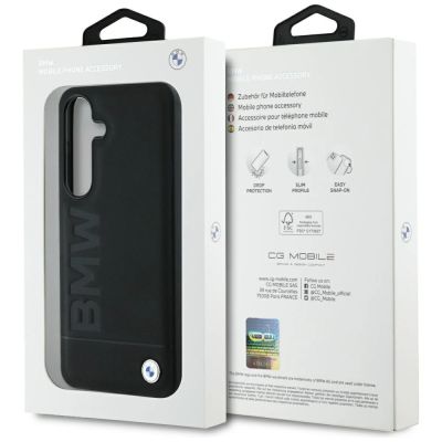 8. BMW Lederhülle mit großem Wortmark für Samsung Galaxy S25, Schwarz