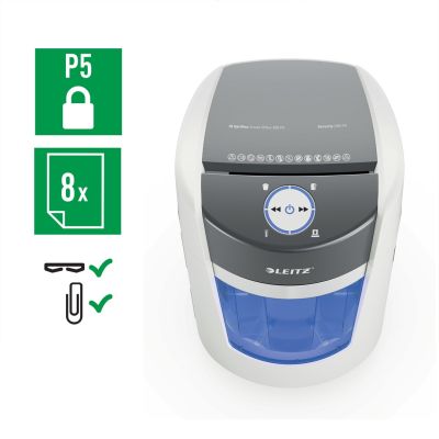 6. Leitz IQ OptiMax Small Office 350 Aktenvernichter, 22 l, P5, 8 Blatt, automatischer Start/Stopp, Rücklauffunktion, drehbarer Auffangbehälter – 33 % höhere Aktenkapazität