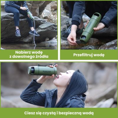 12. Extralink PURISOO+ Flasche mit Filtersystem und Pumpe, 400 ml, UF + ACF Filter, Wasserfilterflasche 0,4 l, Grün, Oliv
