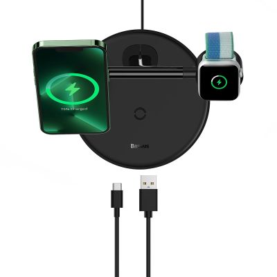 7. Baseus Swan induktives Ladegerät (MagSafe kompatibel) Ständer für iPhone, Apple Watch, AirPods + USB-C Kabel 1m schwarz (WXTE000101)