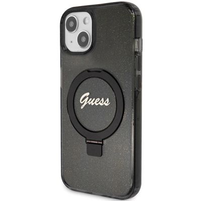 2. Guess Ring Stand Script Glitter MagSafe Hülle für iPhone 15 Plus / 14 Plus – Schwarz