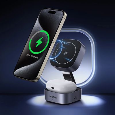 5. Ugreen W702 3in1 induktives Ladegerät mit MagSafe/Qi2 und USB-C-Anschluss für Telefon/Kopfhörer – Schwarz