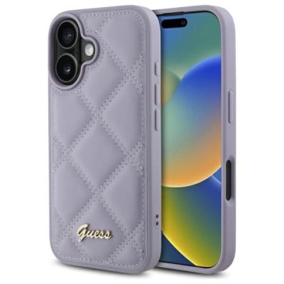 Guess Quilted Metal Logo Hülle für iPhone 16 – Hellviolett