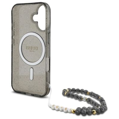 6. Guess IML Glitter MagSafe Hülle mit Perlenriemen für iPhone 16 - Schwarz