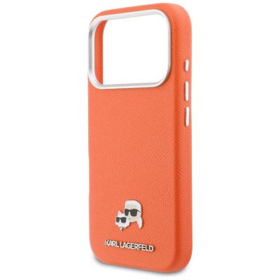 6. Karl Lagerfeld Karl & Choupette Head Pins Saffiano MagSafe Hülle für iPhone 17 Pro Max - Orange