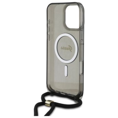 6. Guess Crossbody Cord Script MagSafe Hülle für iPhone 16 Pro – Schwarz