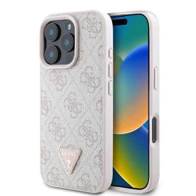Guess Leder 4G Triangle Strass MagSafe Hülle für iPhone 16 Pro Max – Rosa