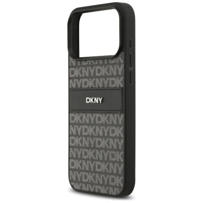 6. DKNY Hülle mit sich wiederholendem Texturmuster und Ton-in-Ton-Streifen für iPhone 17 Pro Max – Schwarz
