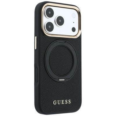 4. Guess Ring Stand 360 Grained Classic Logo MagSafe Hülle für iPhone 18 Pro Max / 17 Pro Max - Schwarz