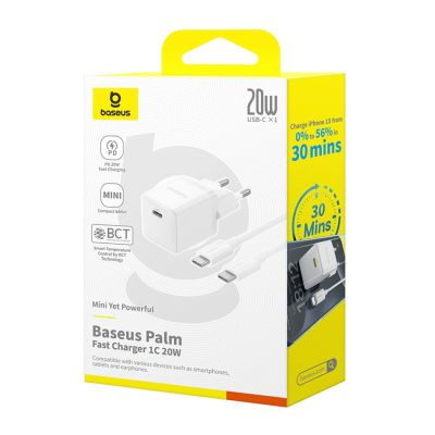 9. Baseus Palm 1C 20W Wandladegerät (mit Baseus Mini White USB-C 60W (20V/3A) 1m Kabel) - Weiß