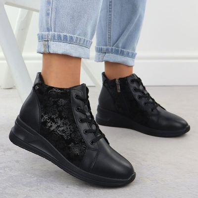 6. Schwarze Damen-Ankle-Boots aus Leder mit Blumenmuster und Keilabsatz, Filippo DBT7280