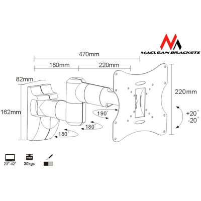 3. Maclean MC-503S Monitor-Wandhalterung (schwenkbar, wandmontierbar, neigbar; 23" - 42"; max. 30 kg)