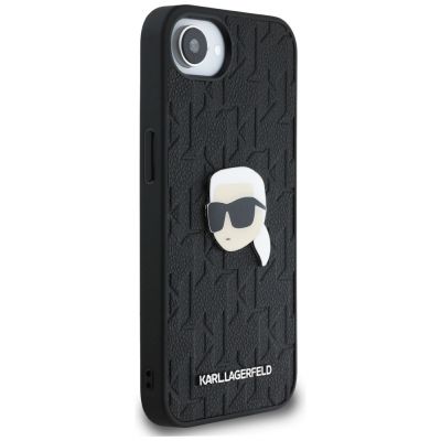4. Karl Lagerfeld iPhone 16e Hülle mit Monogramm-Karl-Kopf-Anstecker - Schwarz