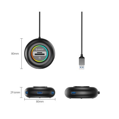 2. Orico YXR5-U3 RGB USB-Hub mit 4 USB-A 3.0-Anschlüssen, SD- und microSD-Kartenleser (0,3 m Kabellänge) – Schwarz