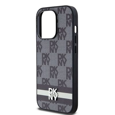 6. DKNY iPhone 14 Pro-Hülle aus Leder mit kariertem Monomuster und bedruckten Streifen – Schwarz