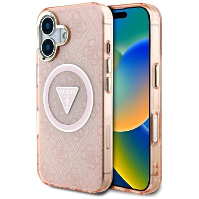 Guess IML Metal Glitter 4G Circle Triangle MagSafe Hülle für iPhone 16 - Pink