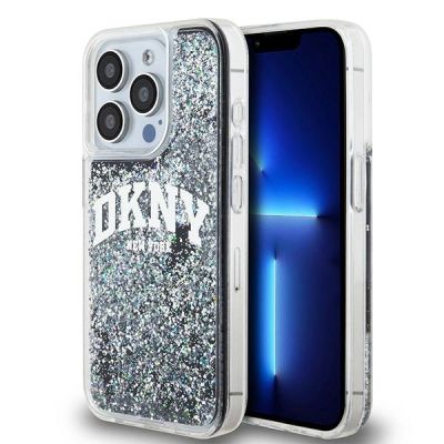 DKNY Liquid Glitter Hülle mit großem Logo für iPhone 15 Pro – Schwarz
