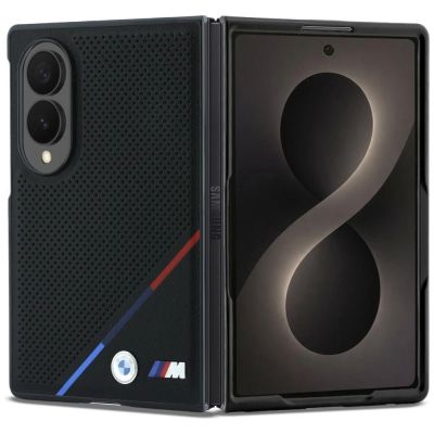 BMW M Lederhülle mit perforiertem dreifarbigem Streifenmuster, Metalllogos und MagSafe-Funktion für Samsung Galaxy Z Fold 8 – Schwarz
