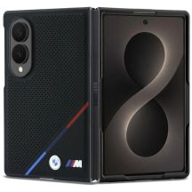 BMW M Lederhülle mit perforiertem dreifarbigem Streifenmuster, Metalllogos und MagSafe-Funktion für Samsung Galaxy Z Fold 8 – Schwarz