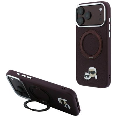 Karl Lagerfeld mit Ring Stand 360 Karl & Choupette Köpfe Pin MagSafe Hülle für iPhone 18 Pro / 17 Pro - bordeauxrot
