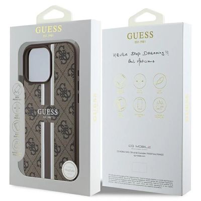 8. Guess 4G Printed Stripes MagSafe-Hülle für iPhone 16 Pro Max – braun