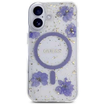 3. Guess Resin Flowers Glitter MagSafe Hülle für iPhone 16 - Lila