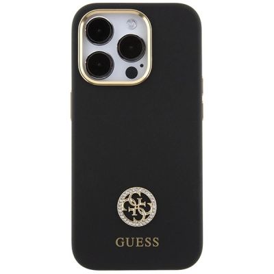3. Guess Silicone Logo Strass 4G Case für iPhone 15 Pro - Schwarz