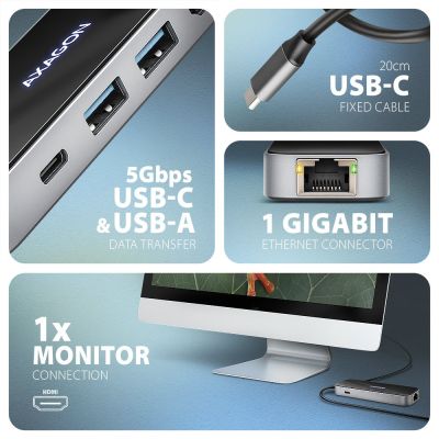 5. AXAGON HMC-6GLN USB-Hub, 2x USB-A, 1x USB-C, 1x HDMI 2.0, 1x RJ45, 100 W PD – Silber