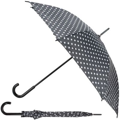 Langer halbautomatischer Regenschirm mit gebogenem Griff, schwarz mit weißen Punkten SEMI LINE