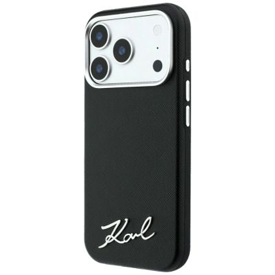 2. Karl Lagerfeld Saffiano MagSafe Hülle mit kleinem Schriftzug und Metalllogo für iPhone 17 Pro Max / 18 Pro Max – Schwarz