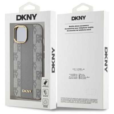 8. DKNY Leather Checkered Mono Pattern MagSafe-Hülle für iPhone 15 Plus – Beige
