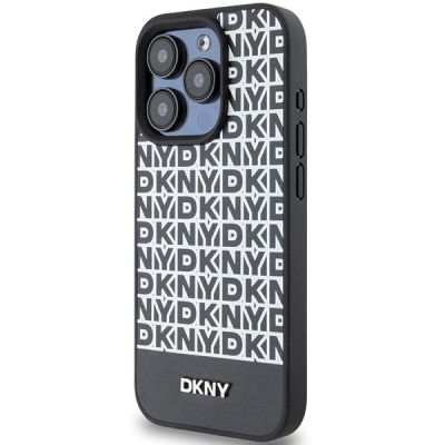 2. DKNY MagSafe Lederhülle mit bedrucktem Muster und Metalllogo für iPhone 15 Pro – Schwarz