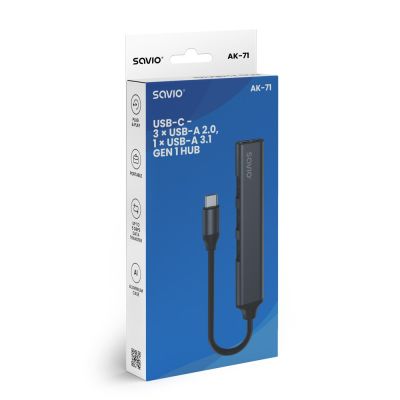 4. SAVIO USB-A Hub – 3 x USB-A 2.0, 1 x USB-A 3.0, Grau AK-70