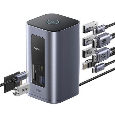 4. Baseus NU1 Air Spacemate Hub 12-in-1 USB-C Dockingstation – 2x HDMI 4K@60Hz, 2x USB-C 10 Gbit/s, 2x USB-A 5 Gbit/s, 2x USB-A (480 Mbit/s), RJ45, SD/microSD 3.0, USB-C (PD) – Grau