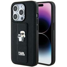Karl Lagerfeld Gripstand Saffiano Karl&Choupette Pins Hülle für iPhone 13 Pro / 13 – Schwarz