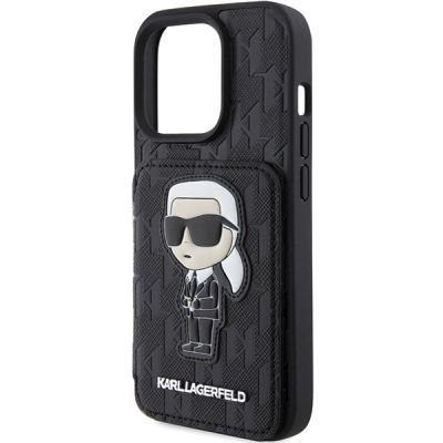 6. Karl Lagerfeld Saffiano Cardslots and Stand Monogram Ikonik Patch Hülle für iPhone 15 Pro – Schwarz