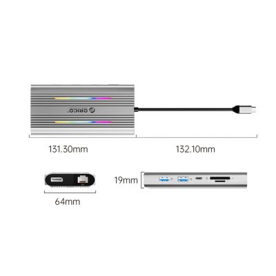 2. Orico XDR 12-in-1 RGB USB-C Dockingstation mit USB-A, USB-C, 2x HDMI 4K 60 Hz, DisplayPort 4K 60 Hz, RJ45, Gigabit PD 100 W und SD- und microSD-Kartenleser – Silber